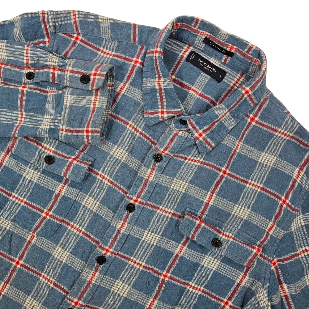 Lucky Brand Blue Plaid Flannel LS Button Down Shirt Men's Size Large Classic Fit